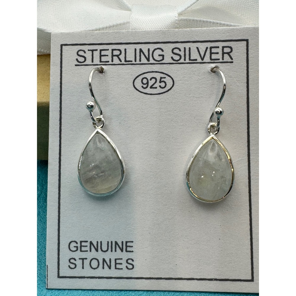 Sterling Silver 925 Rainbow Moonstone Teardrop Dangle Earrings Genuine Stone